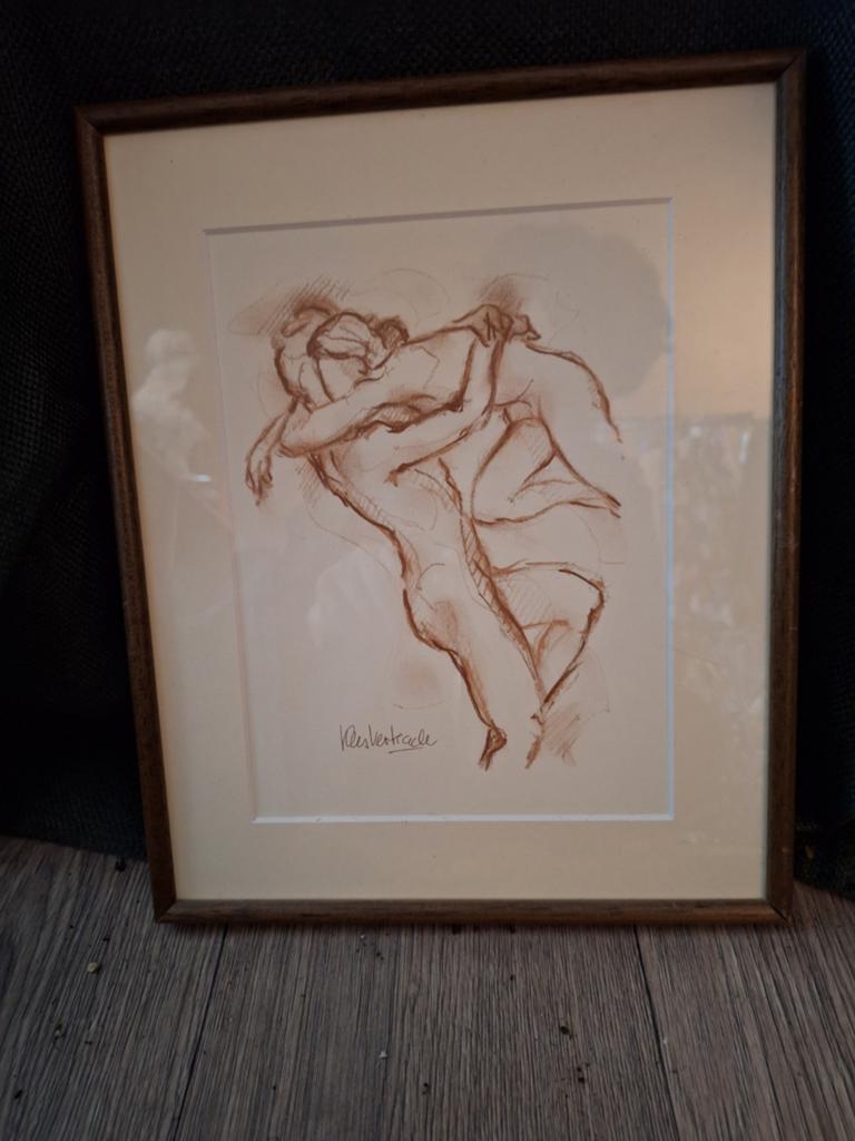 Gesigneerde tekening 'Omhelzing' van Kees Verstrade, Antiek en Kunst, Kunst | Tekeningen en Foto's, Ophalen of Verzenden