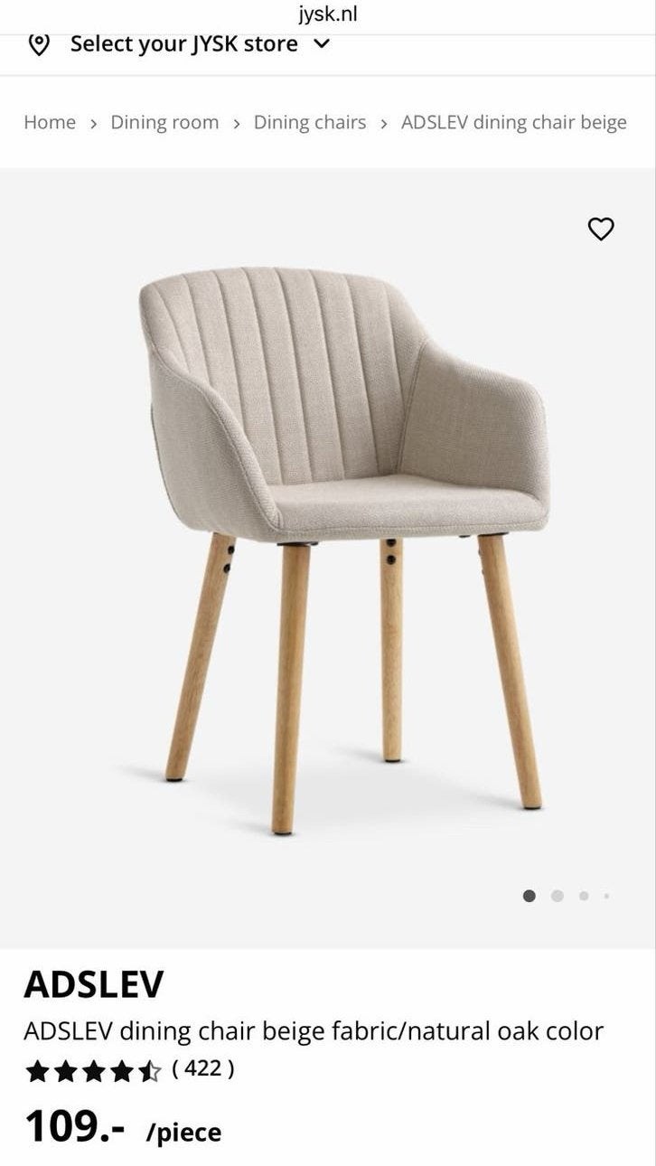 JYSK ADLEV Eetkamerstoelen Beige Stof - Set van 4, Ophalen, Overige kleuren, Zo goed als nieuw, Vier