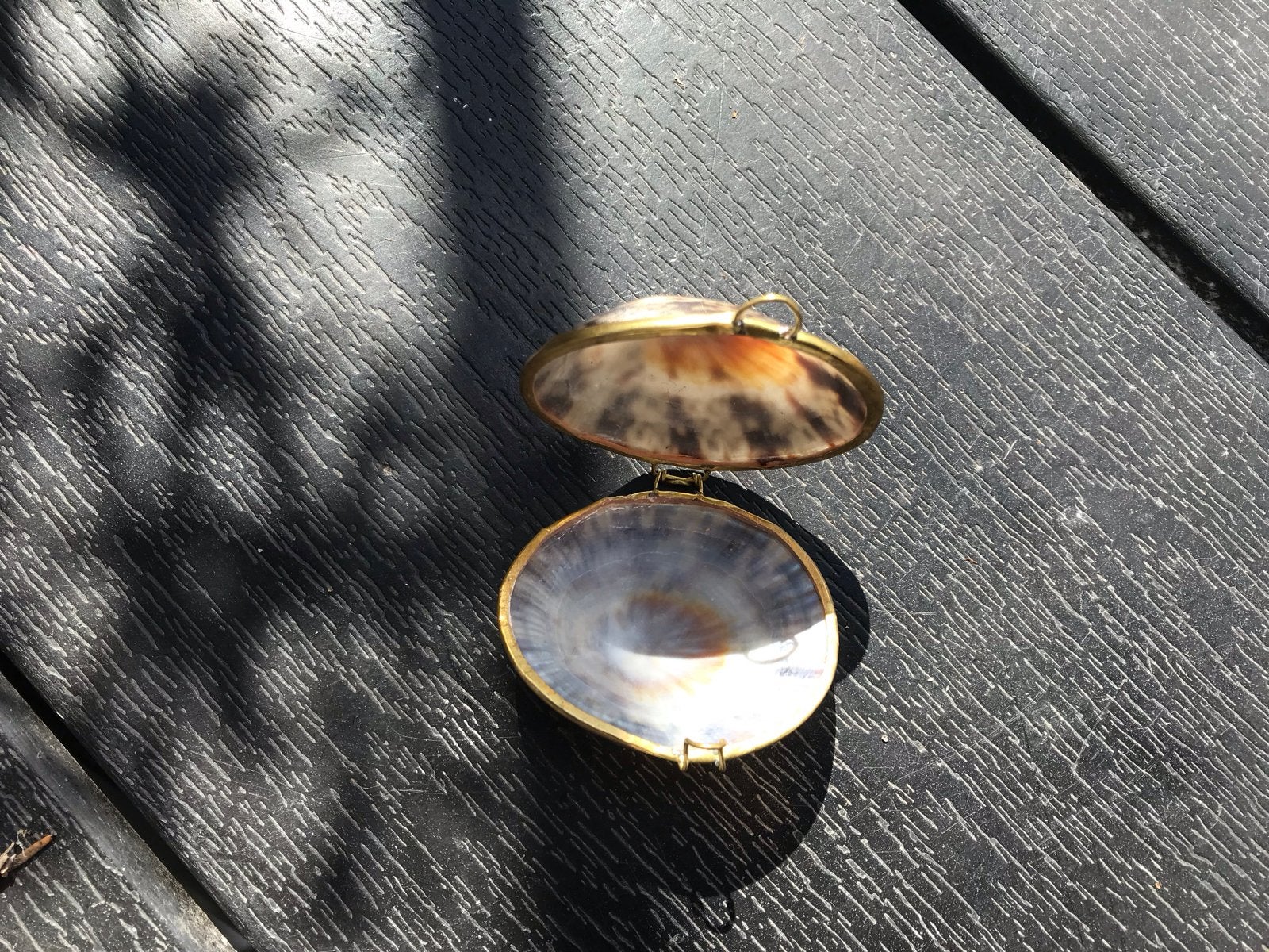 Unieke schelpendoosje met messing rand - Vintage, Antiek en Kunst, Ophalen of Verzenden