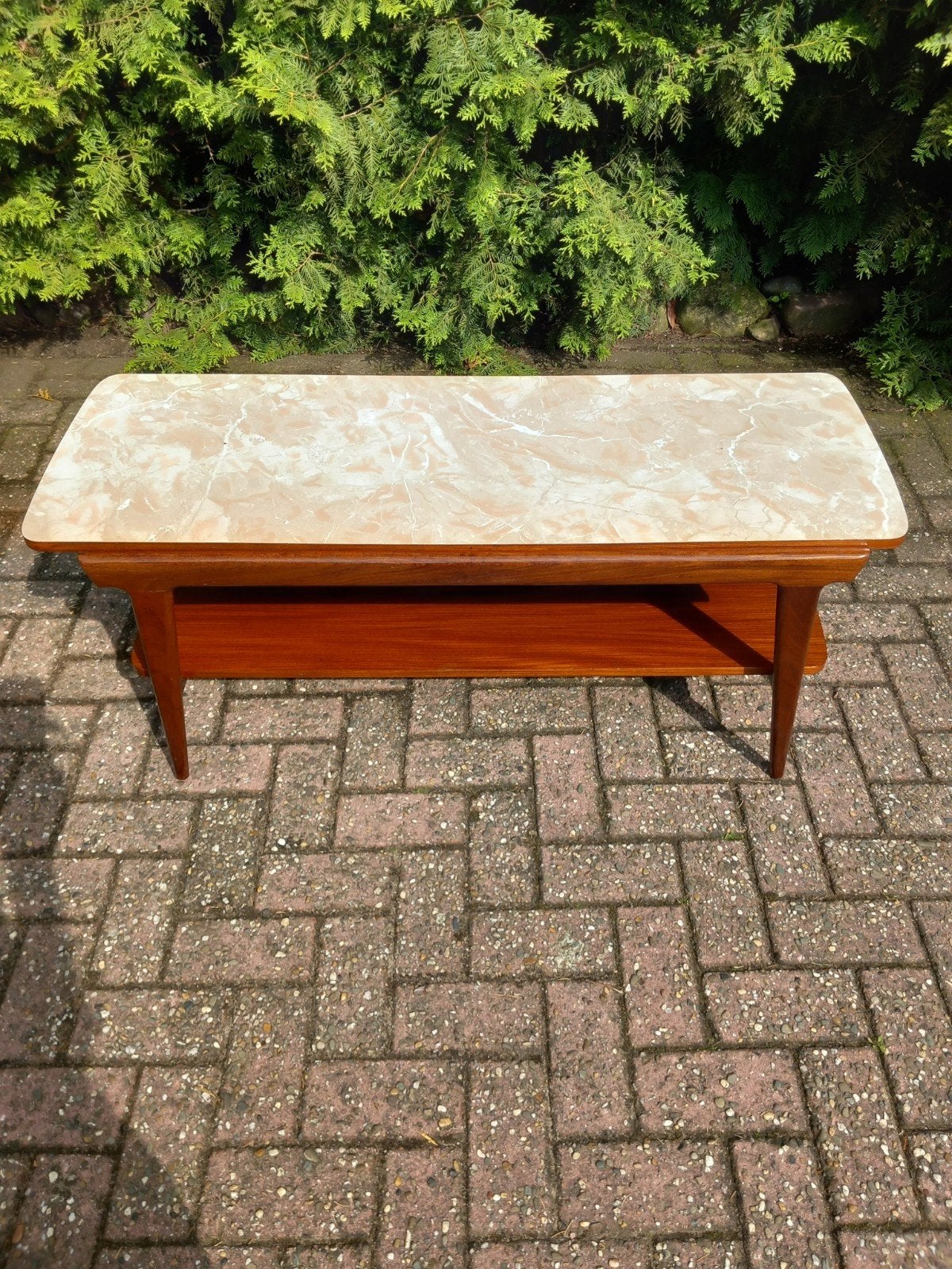 Vintage Salontafel met Marmeren Blad - Teak Hout, Antiek en Kunst, Antiek | Meubels | Tafels, Ophalen