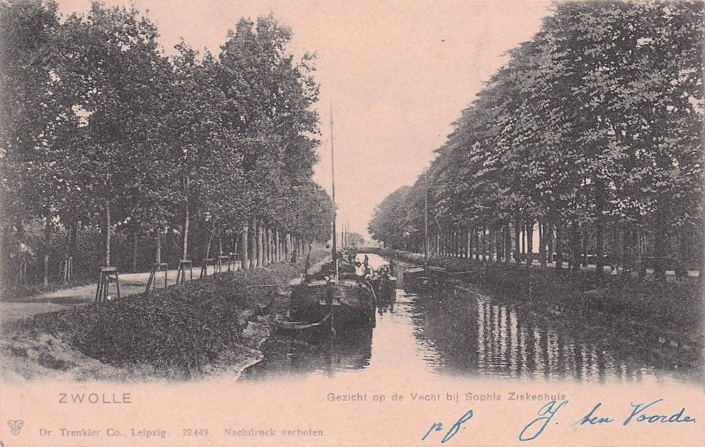Zwolle - Gezicht op Vecht bij S. ziekenhuis (gel. 1900?), Ophalen of Verzenden, Voor 1920, Gelopen, Overijssel