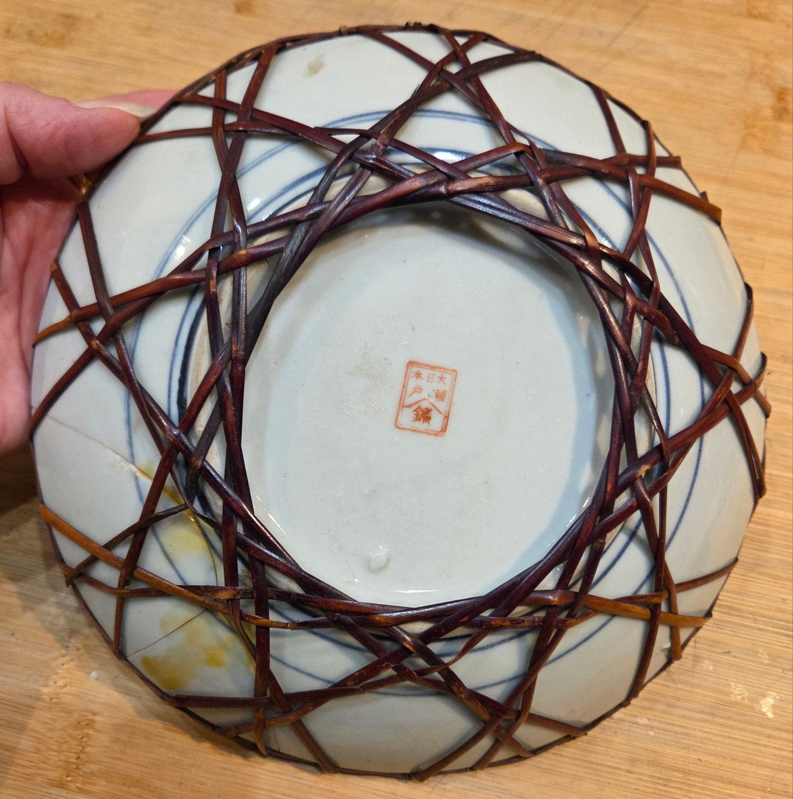Oud japans bord met blauwe ringen, gemerkt, Ophalen