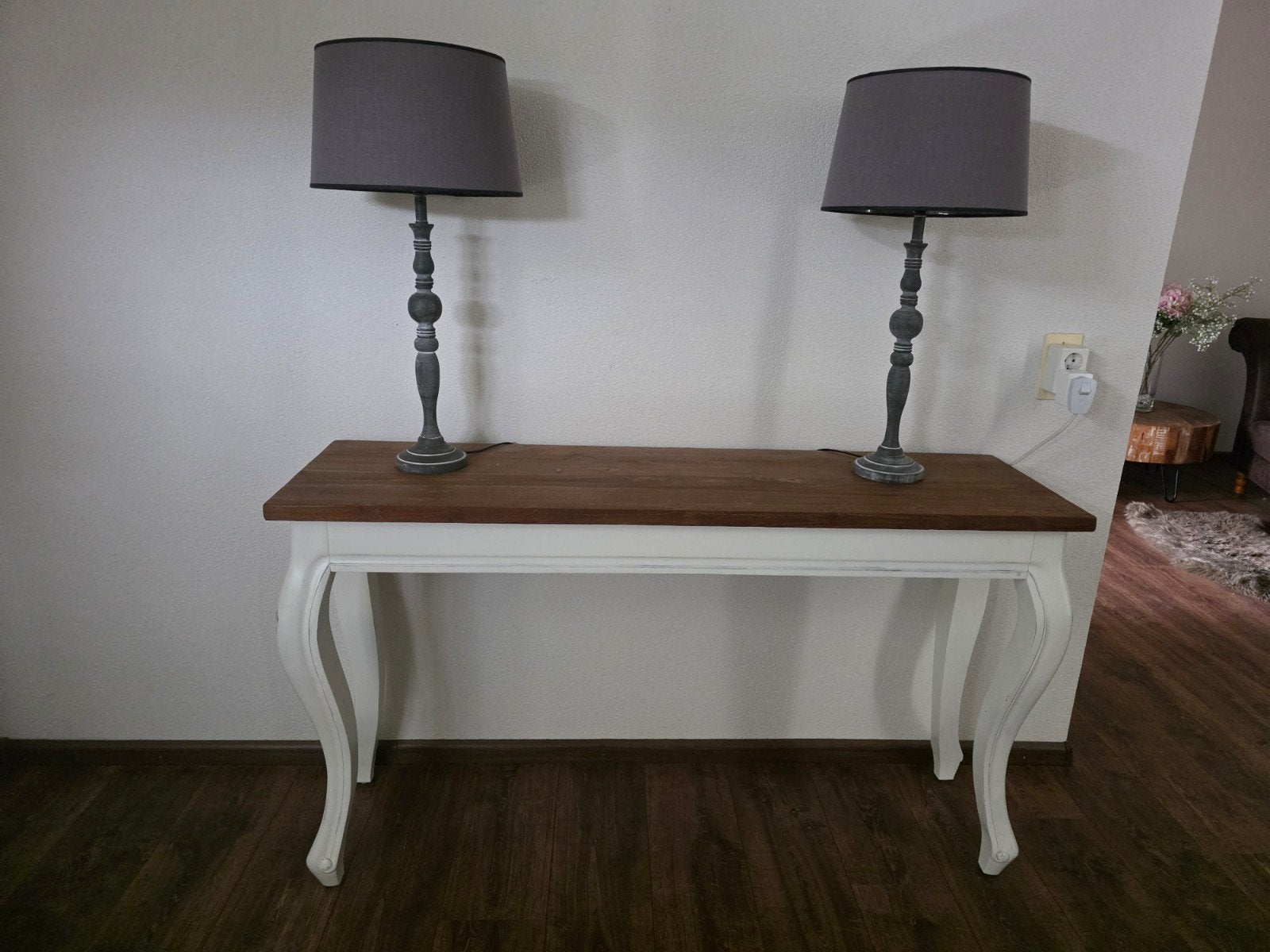 Teakhouten wandtafel met wit onderstel - 140x40x80cm, Ophalen