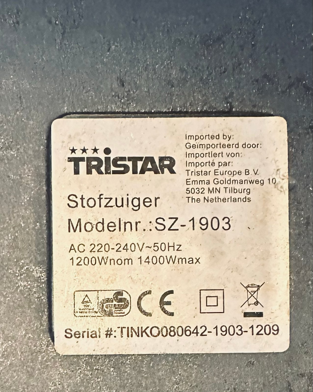 Tristar Stofzuiger SZ-1903 - 1400W, Witgoed en Apparatuur, Stofzuigers, Stofzak, Overige merken, Gebruikt, Ophalen of Verzenden