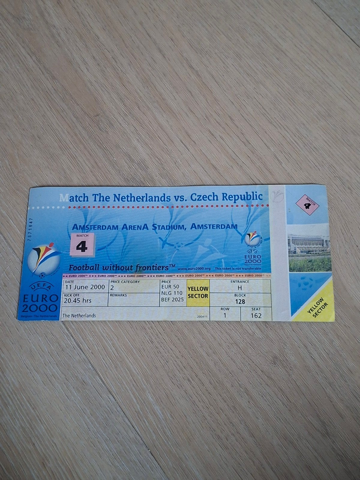 Nederland - Tsjechie Voetbal Ticket EK 2000, Ophalen of Verzenden, Overige binnenlandse clubs, Overige typen