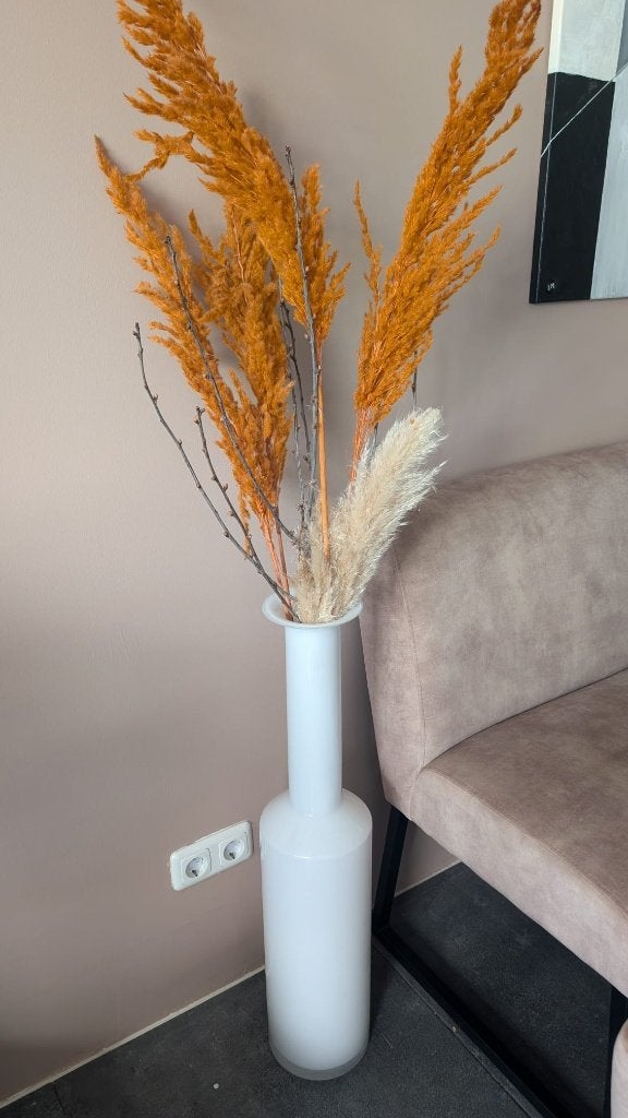 Witte grote vaas inclusief pluimen, Ophalen, Wit, Handgemaakt, Glas
