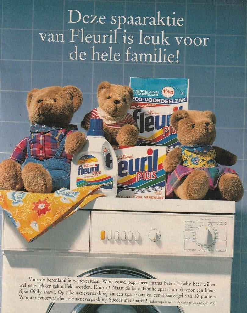 retro reclame 1995 Fleuril wasmiddel knuffels beer beren, Verzenden, Overige typen