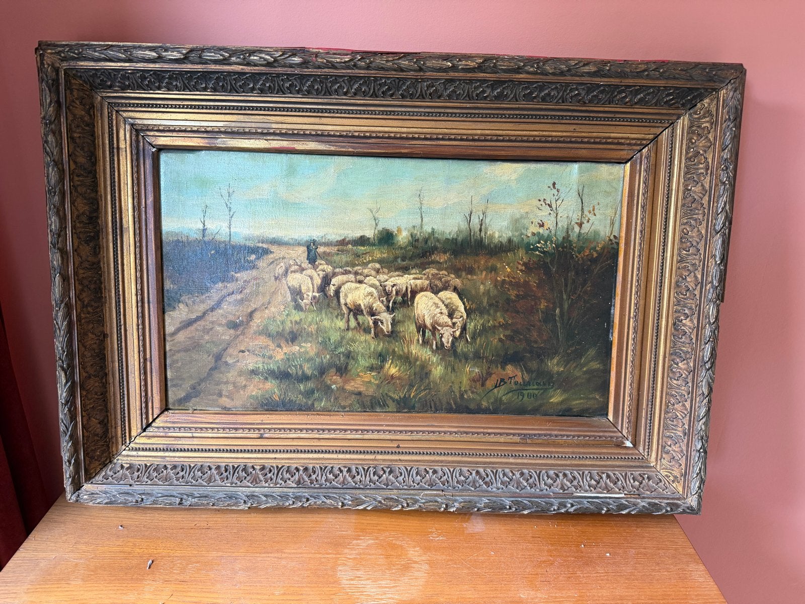 Olieverfschilderij Schaapskudde op weg, gesigneerd 1900, Antiek en Kunst, Gedateerd, Doek, Realistisch, Dieren