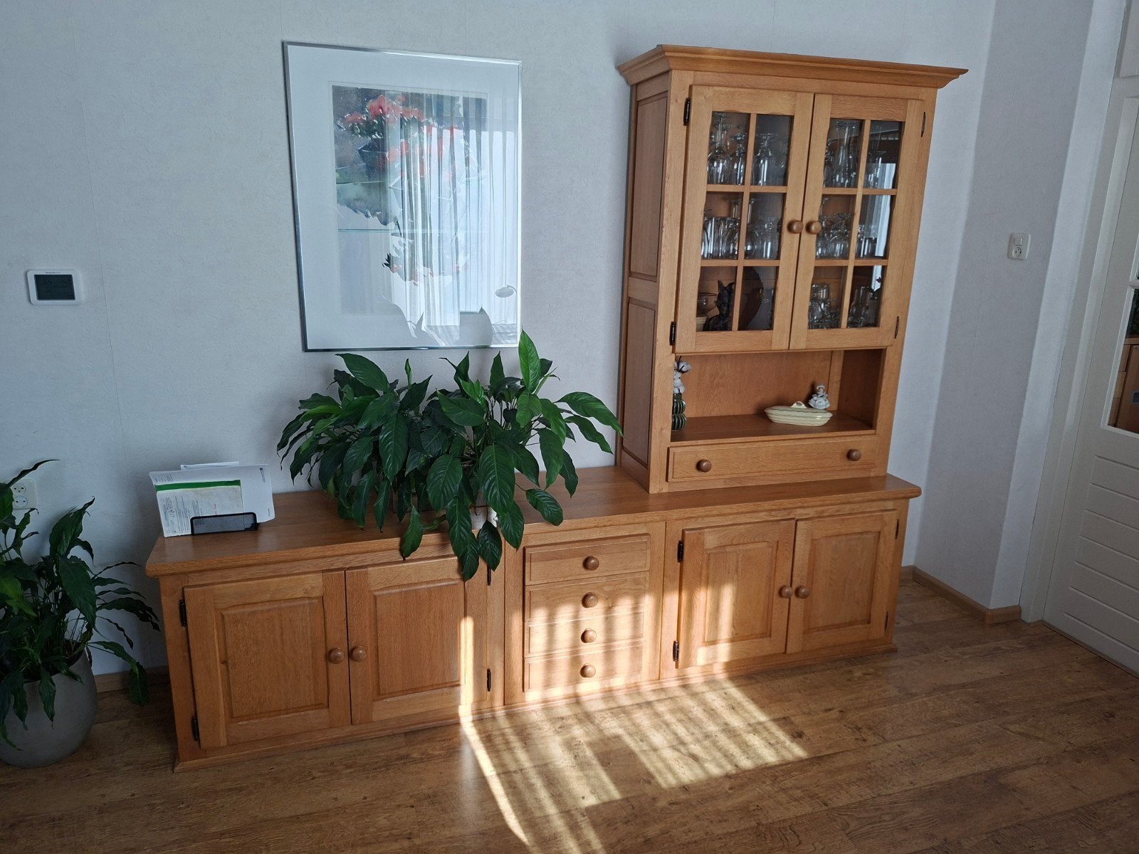 Massief eiken dressoir, vitrinekast en hoekkast tv, Ophalen, Eikenhout, Met lade(s), Zo goed als nieuw