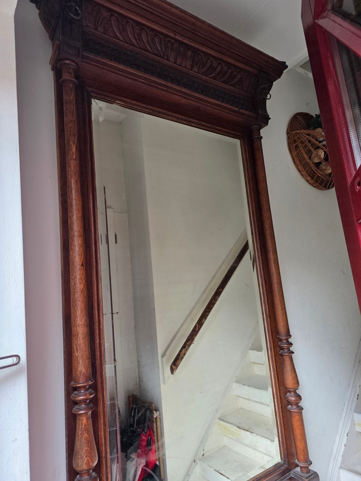 Antieke spiegel met houtsnijwerk, Ophalen, Rechthoekig
