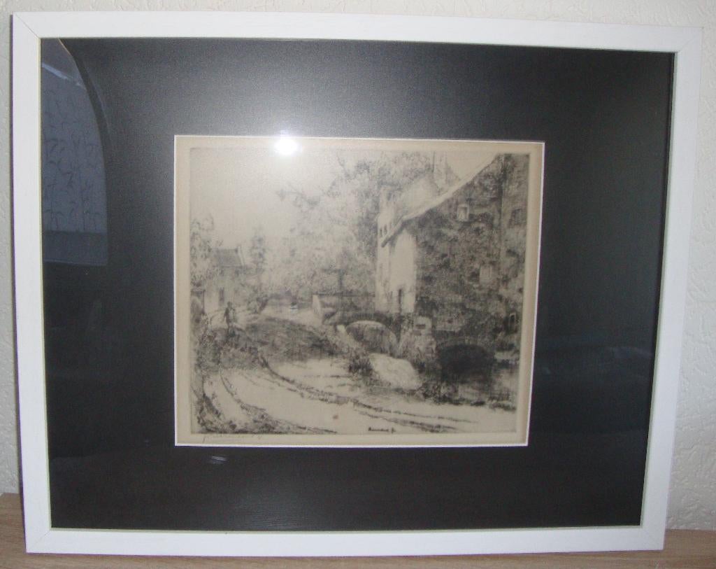 Theo Beerendonk dorpsgezicht omstreeks 1940 nieuw ingelijst, Antiek en Kunst, Kunst | Etsen en Gravures, Gesigneerd, Ingelijst