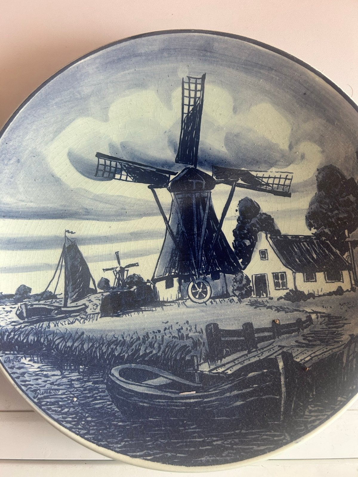 Delfts Blauw Wandbord - Molenlandschap, Ophalen