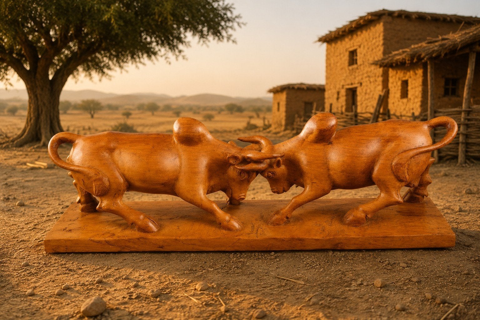 Houten Sculptuur – Vechtende Stieren / Buffels – Handgesnede, Ophalen of Verzenden