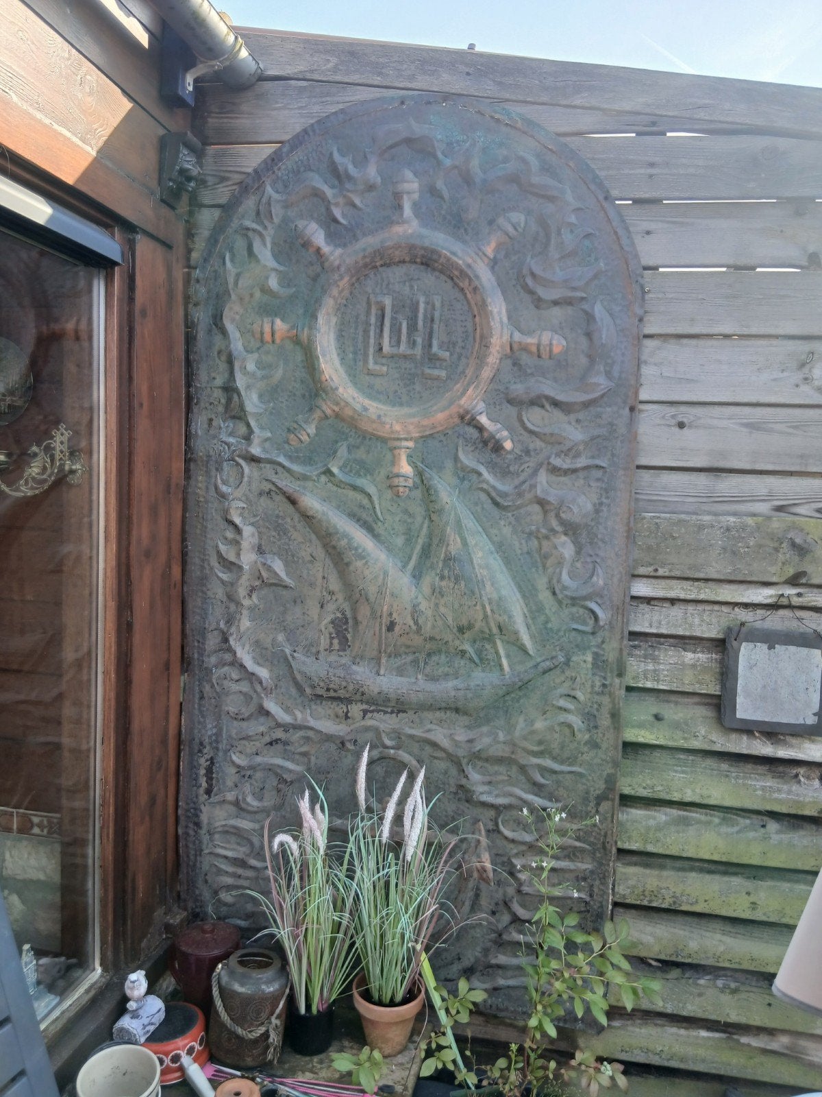 Groot decoratief paneel,koperen zeemansplaat ,101 br 194 h, Antiek en Kunst, Ophalen