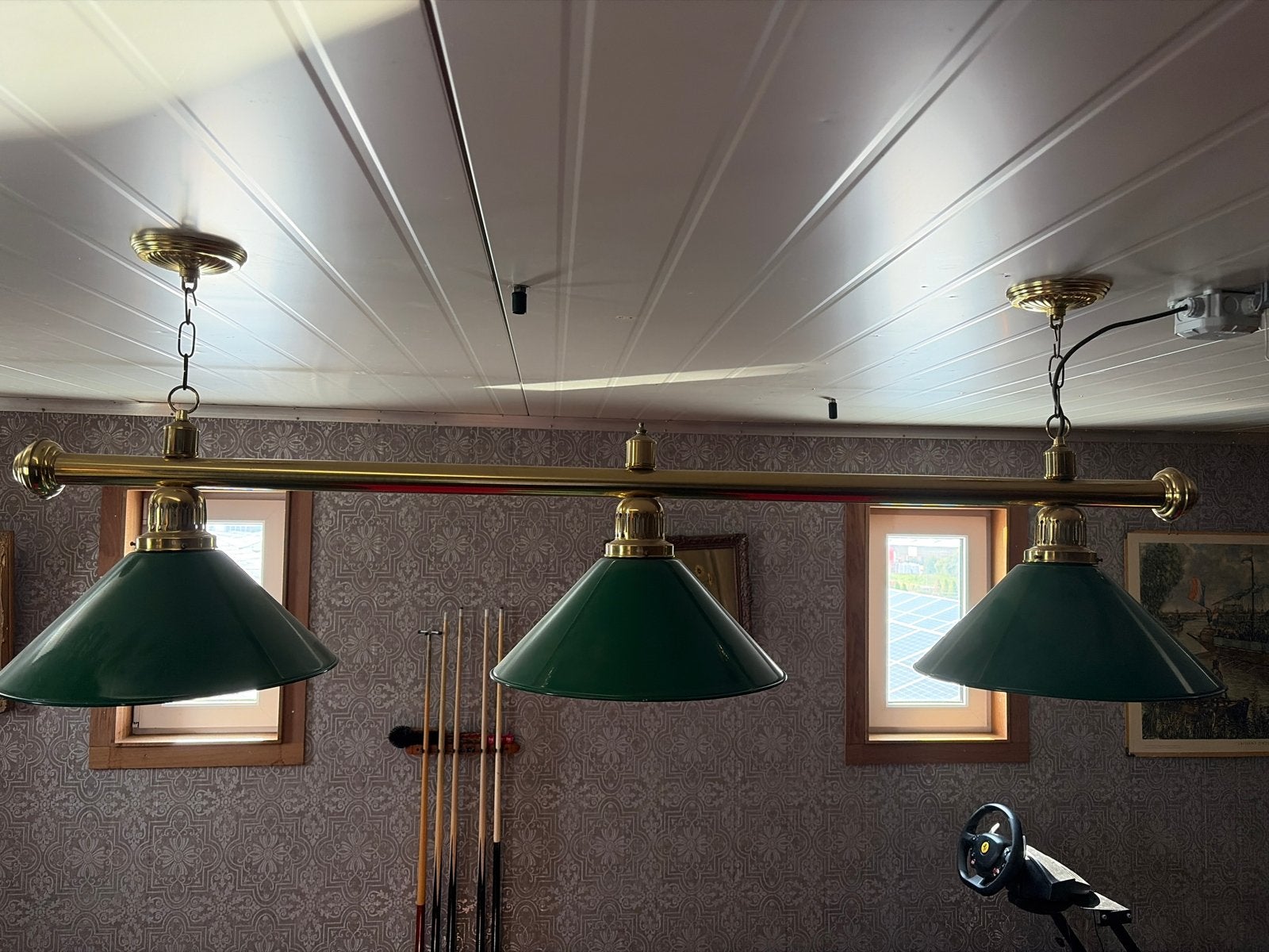 Vintage Biljartlamp met 3 Groene Kappen en Messing Frame, Ophalen, Gebruikt, Metaal, E27 (groot)