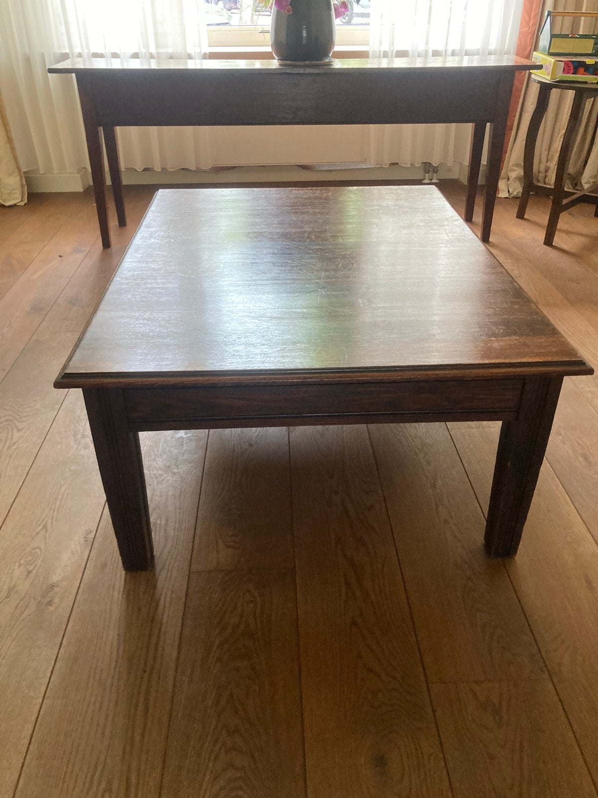 Prachtige houten salontafel met afneembaar blad, Ophalen, Gebruikt, 100 tot 150 cm, 50 tot 100 cm