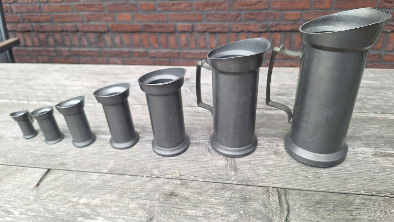 Antieke tinnen maatbekers set - 6 stuks, Antiek en Kunst, Ophalen of Verzenden