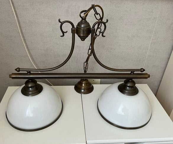 Vintage hanglamp met 2 glazen kappen, Ophalen, Gebruikt, Metaal, E27 (groot)