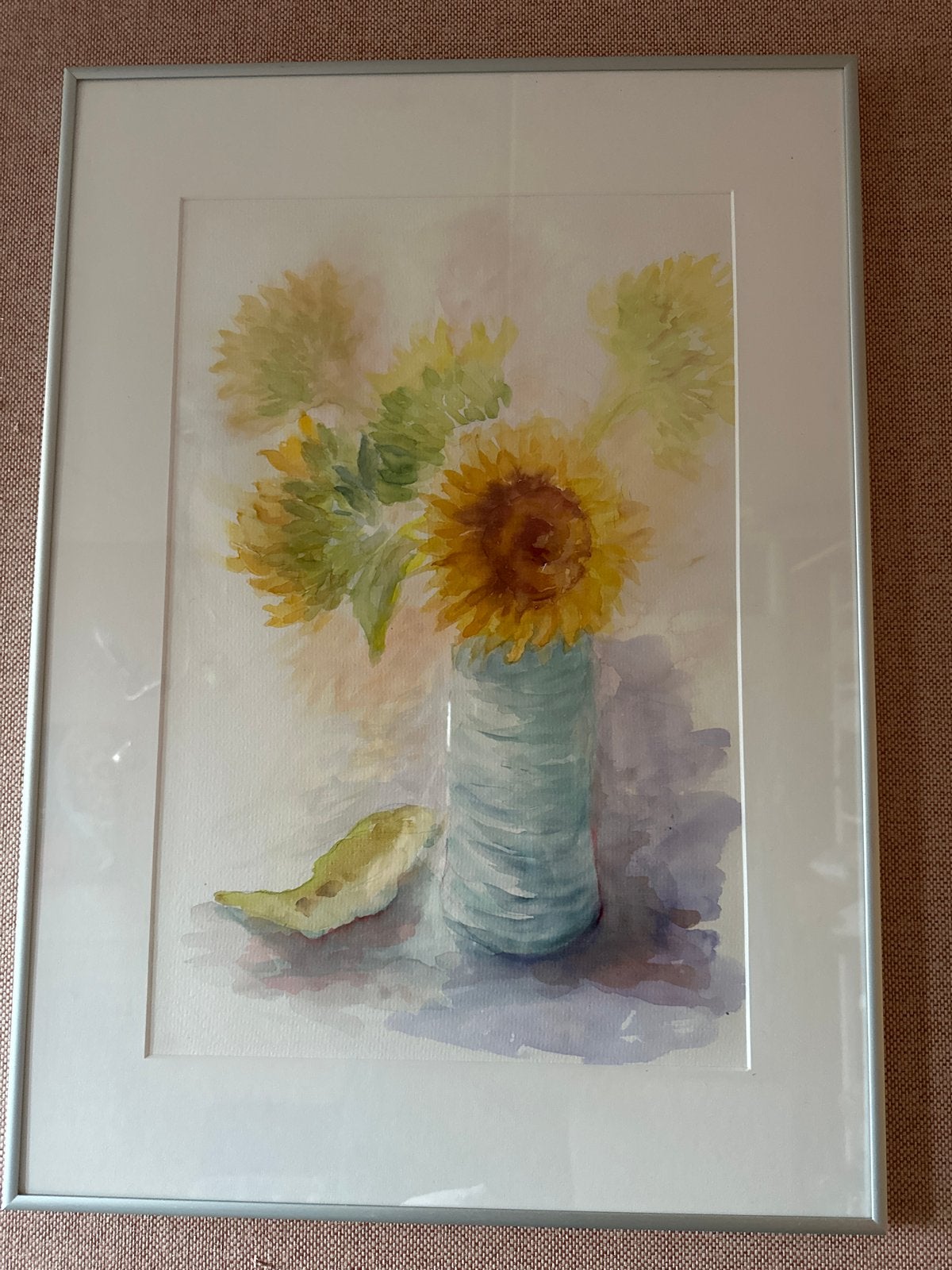 Aquarel Zonnebloemen in Vaas - Ingelijst Kunstwerk, Ophalen, Tekening, Aquarel, Achter glas