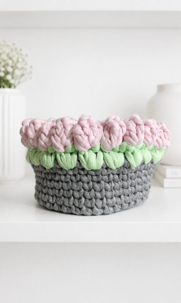 Set van 2 gehaakte rozenmanden | Roze bloemenmanden, Mand, Textiel, Rond, Nieuw