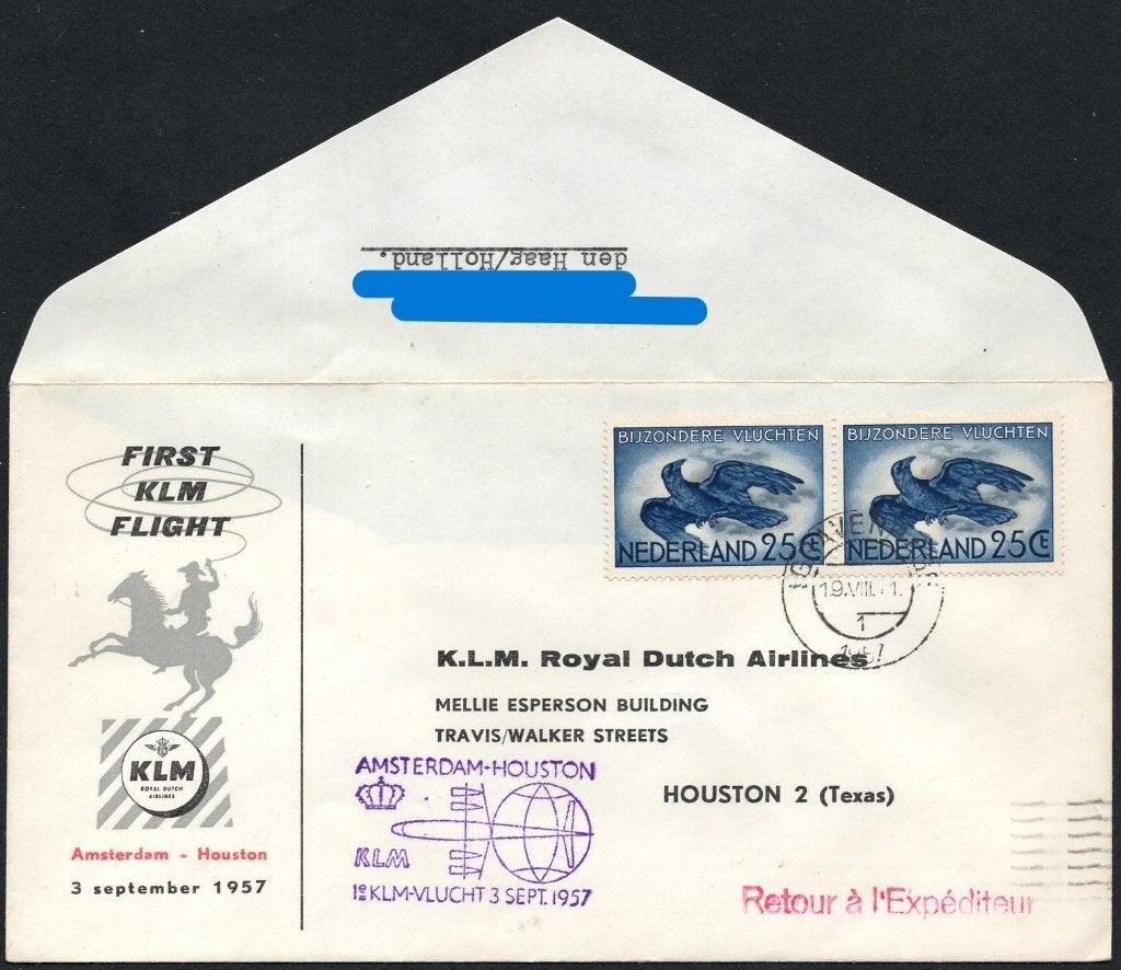 1e KLM vlucht Houston Texas USA 1957, Verzenden, Envelop