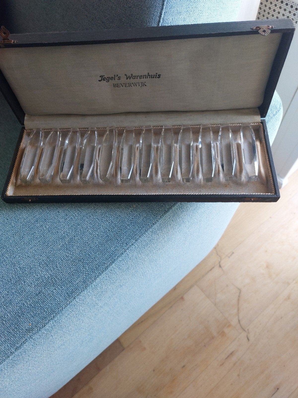 12 kristallen Jugendstil messenleggers in originele doos, Ophalen of Verzenden
