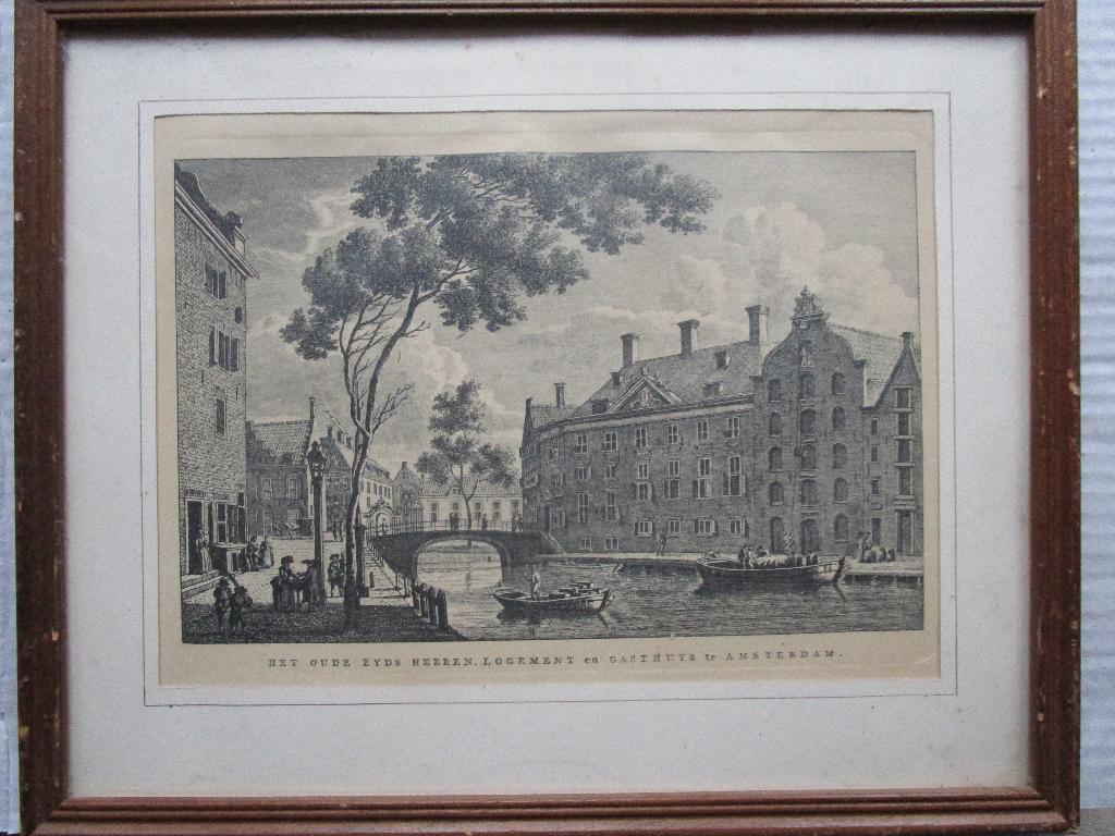 Antieke prent Het Oude Zyds Heeren logement Amsterdam, Antiek en Kunst, 26 cm, Verzenden, 32 cm, Overige technieken