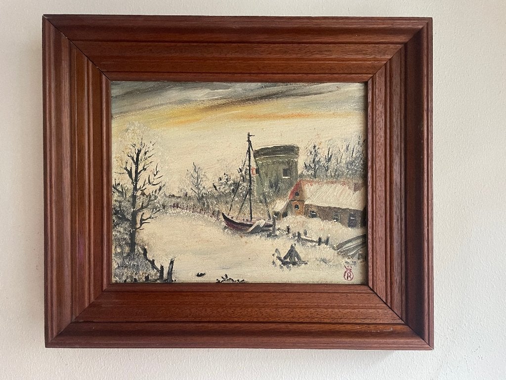Antiek/vintage schilderij,winterlandschap olieverf op linnen, Antiek en Kunst, Kunst | Schilderijen | Klassiek, Ophalen of Verzenden