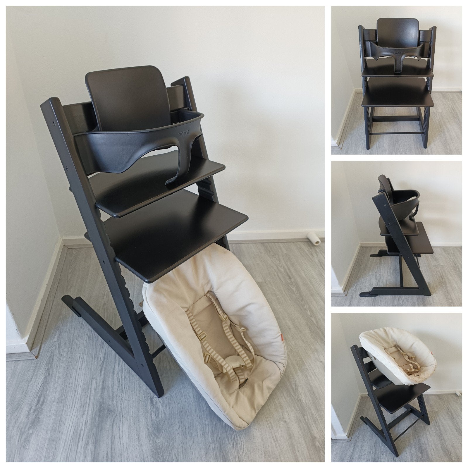 Stokke Tripp Trapp zwart+babyset, newbornset evt. tray, Meegroeistoel, Ophalen of Verzenden, Zo goed als nieuw, Aanschuifbaar