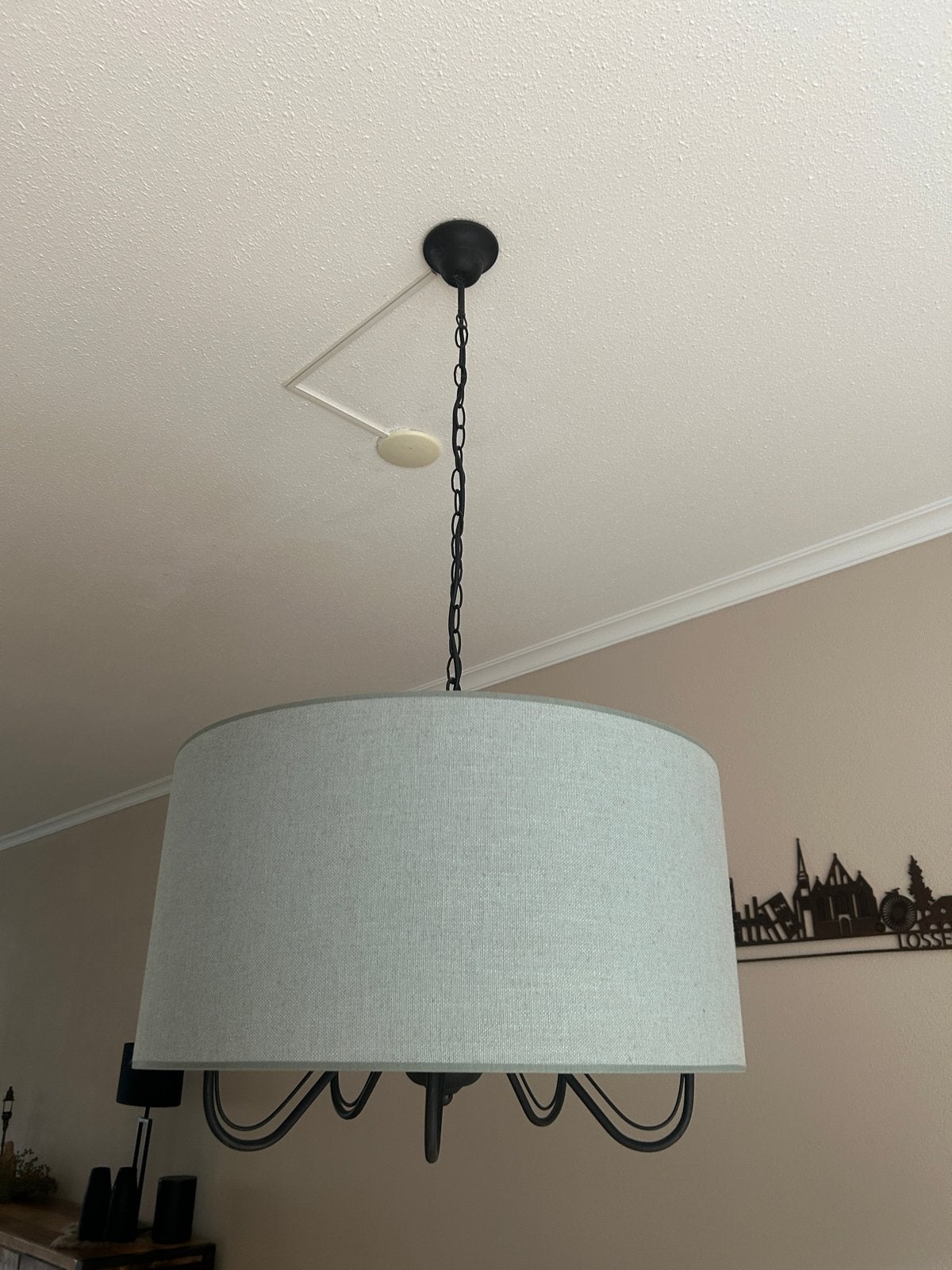 Moderne hanglamp met stoffen kap - Zo goed als nieuw, Ophalen, Zo goed als nieuw, Metaal, E14 (klein)
