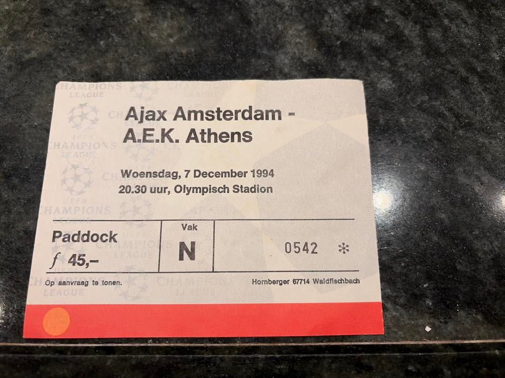 Entree kaart Ajax - AEK Athene Champions league 94-95, Tickets en Kaartjes, Eén persoon