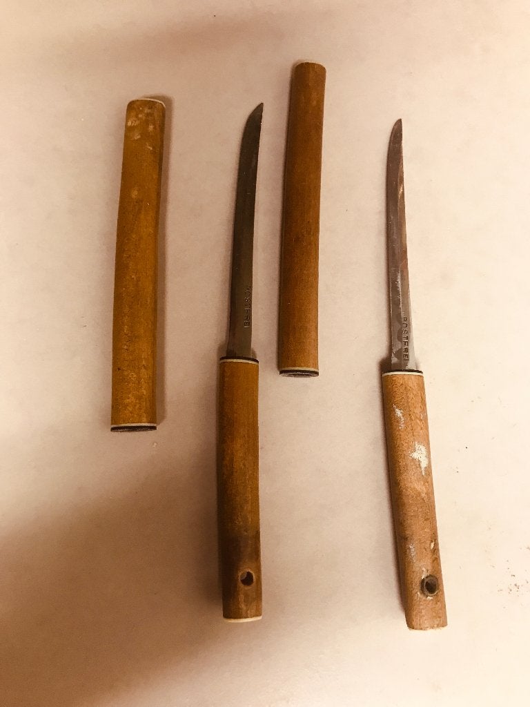 Set van 2 Japanse bamboe messen met schede, Ophalen of Verzenden