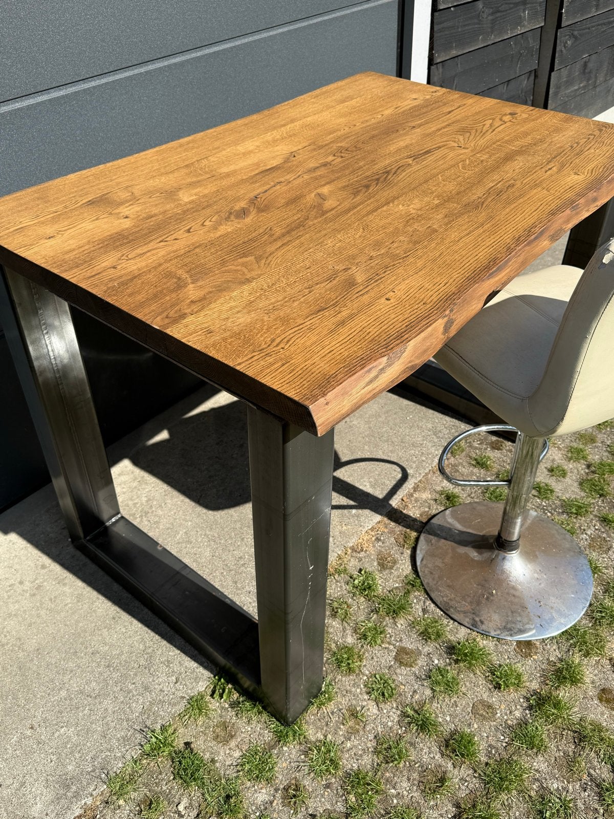 Bartafel 90x130 cm met massief eiken blad en stalen u-poot, Ophalen, Gebruikt