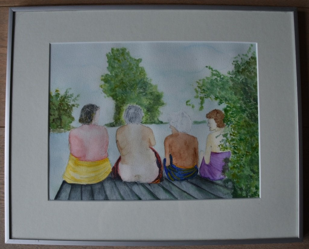 Aquarel van vier vrouwen aan het water, ingelijst, Ophalen, Portret of Personen, Realistisch, Origineel werk