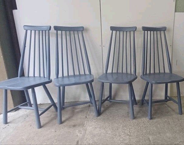 Vintage set 4 scandinavische houten spijlenstoelen eetkamer, Ophalen of Verzenden
