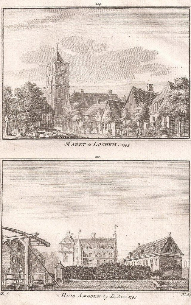 Lochem Markt te Lochem 1743 't Huis Amssen bij Lochem. 1743, Antiek en Kunst, Stadsgezicht, Ophalen of Verzenden, 15 cm, 10 cm