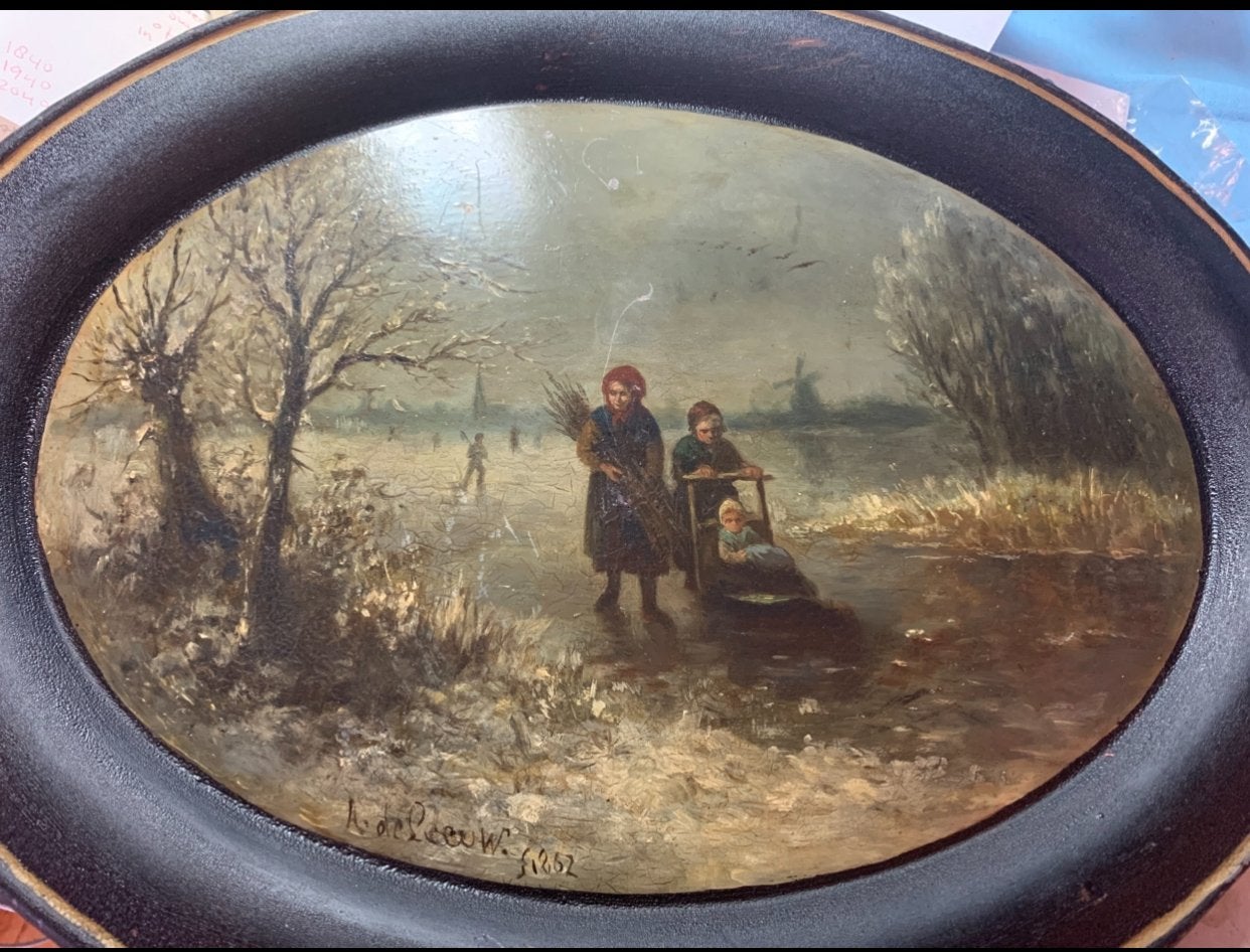 Prachtig romantisch winter landschap olieverf op metaal bord, Ophalen of Verzenden