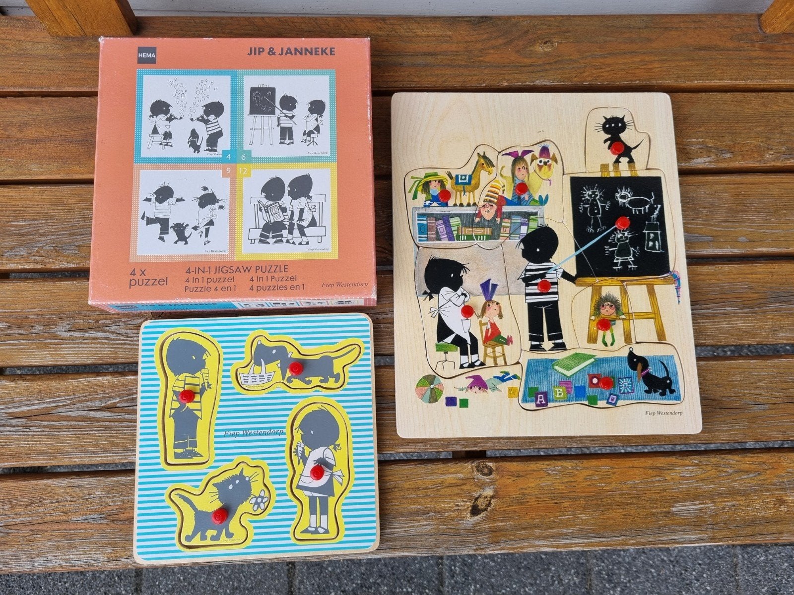 Puzzels Jip & Janneke, Fiep Westerdorp, Ophalen of Verzenden, 10 tot 50 stukjes, Gebruikt, Van hout