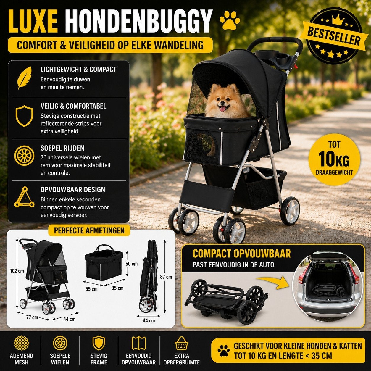 Luxe 4-in-1 Hondenbuggy Opvouwbaar – Voor Hond & Kat Tot 10K, Dieren en Toebehoren, Verzenden, Nieuw