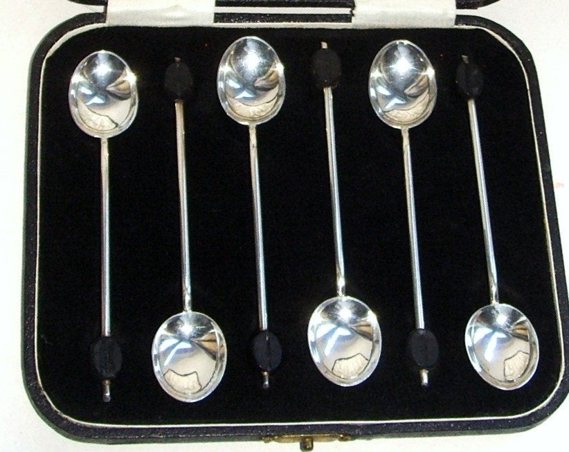 Antiek set van zes sterling zilver koffielepels, Birmingham, Antiek en Kunst, Ophalen of Verzenden, Zilver