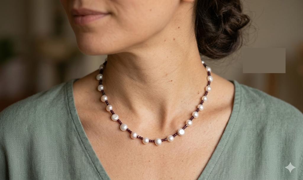 Unieke ketting Authentieke Zeldzame Button Parels Granaat, Ophalen, Wit, Nieuw, Steen of Mineraal