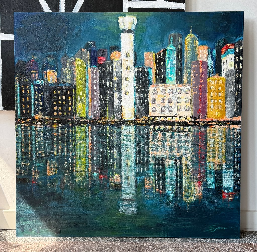 Schilderij stadsgezicht bij avond, Ophalen, Acrylverf, Handgeschilderd, Stadsgezicht