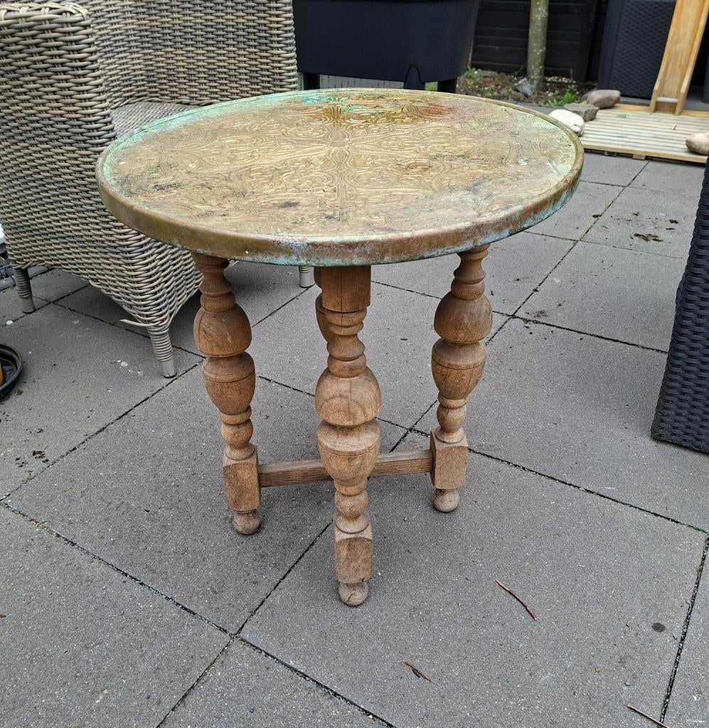 Vintage bijzettafel met koperen blad, Antiek en Kunst, Ophalen