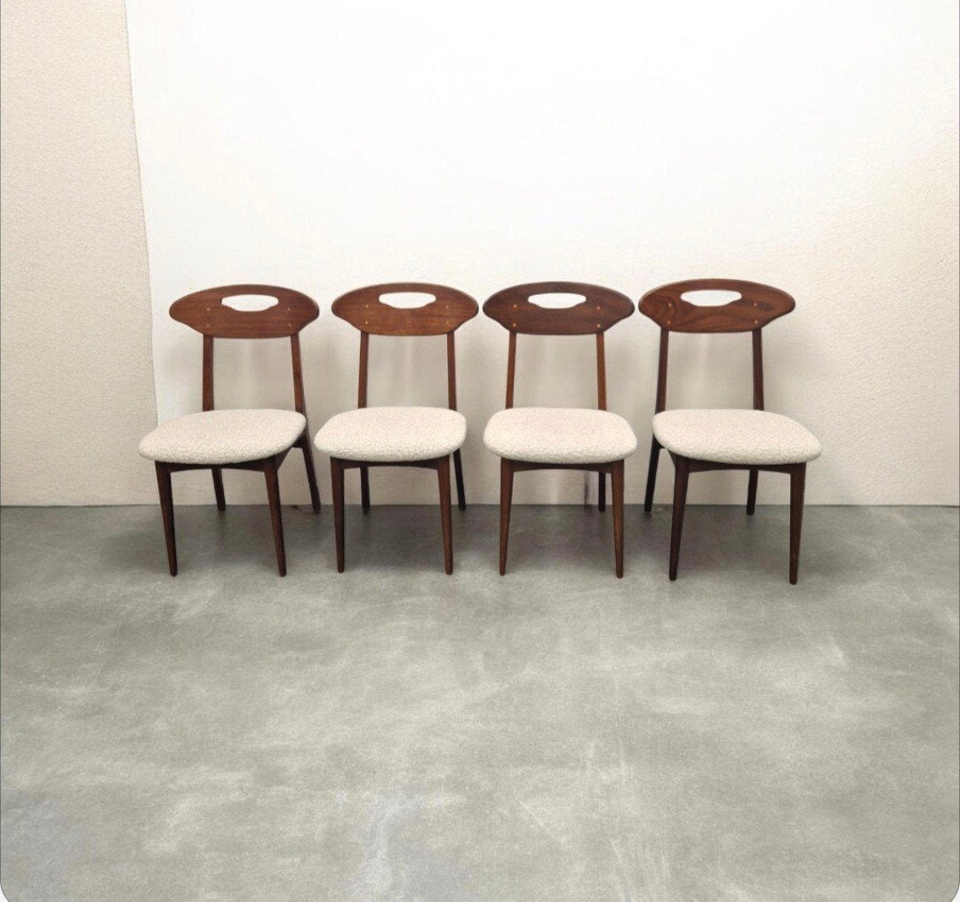 Nieuw bekleed set 4 deense eetkamerstoelen 4 vintage stoelen, Ophalen of Verzenden