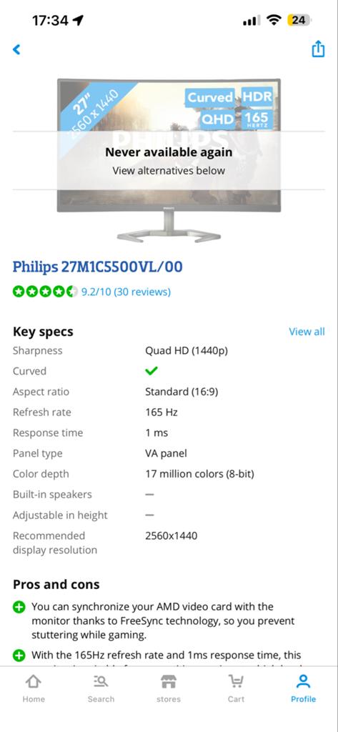 Philips 27M1C5500VL/00 Curved QHD Gaming Monitor 165Hz 1ms, Computers en Software, Monitoren, Gaming, Curved, VA, Ophalen of Verzenden