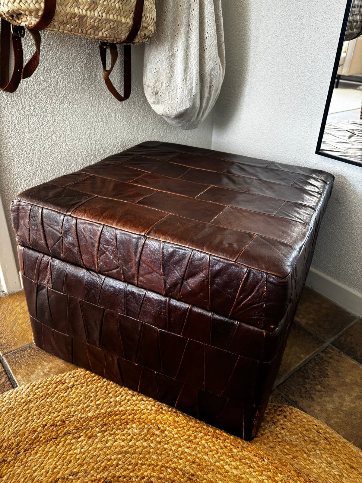 Vintage Patchwork Lederen Poef / chest de sede, Ophalen