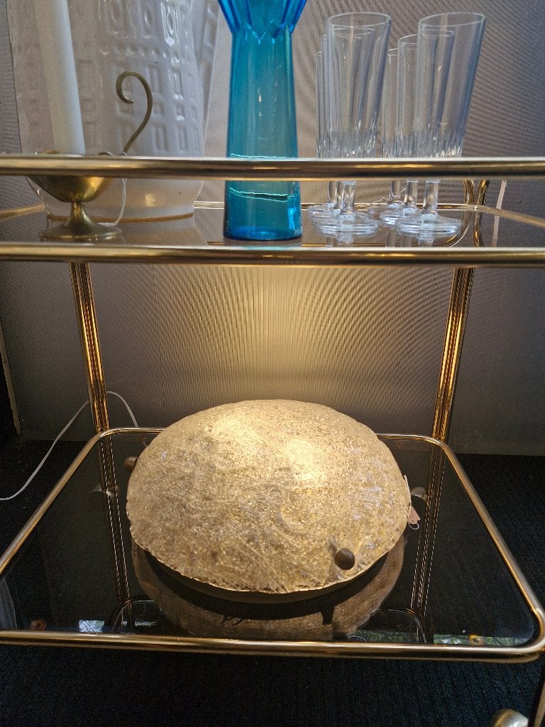 Grote plafondlamp craquelé glas Hillebrand 70s, Ophalen, Gebruikt, ., Glas