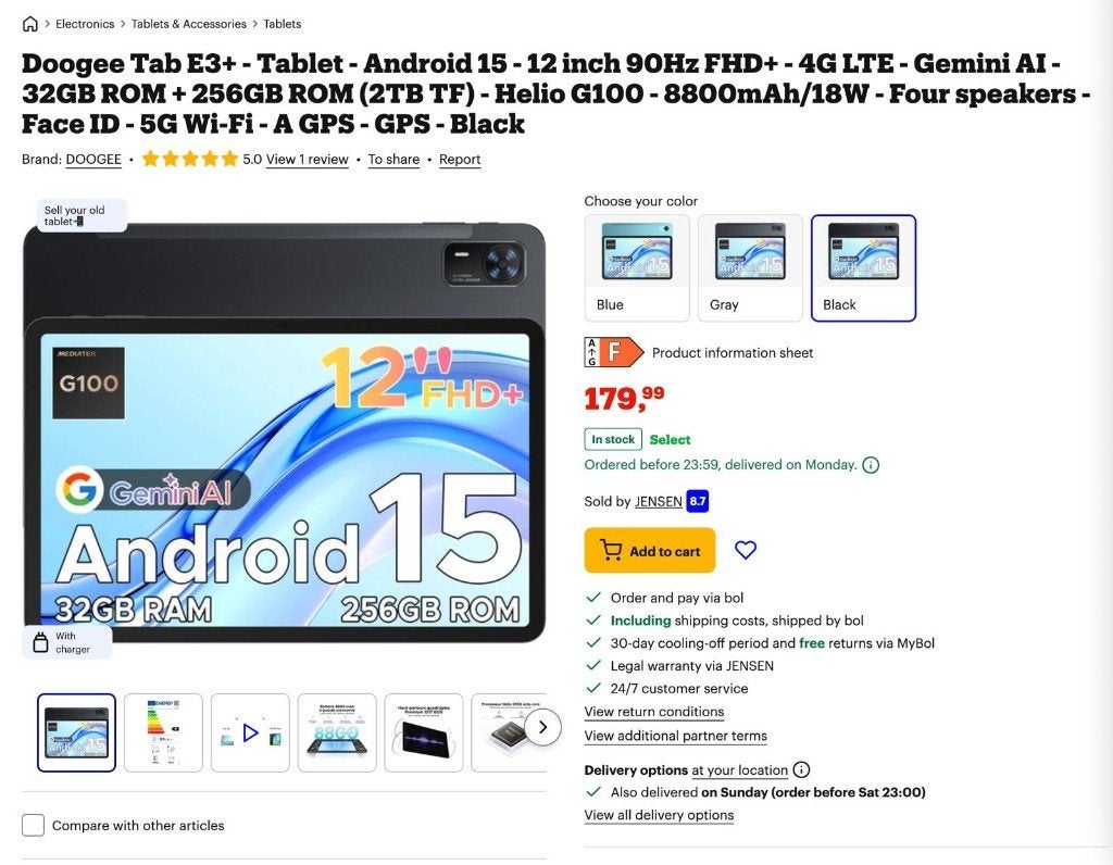 DOOGEE Tab E3+ Tablet - 12 inch 90Hz FHD+ - 256GB ROM, Ophalen, Tab E3+, 12 inch, DOOGEE