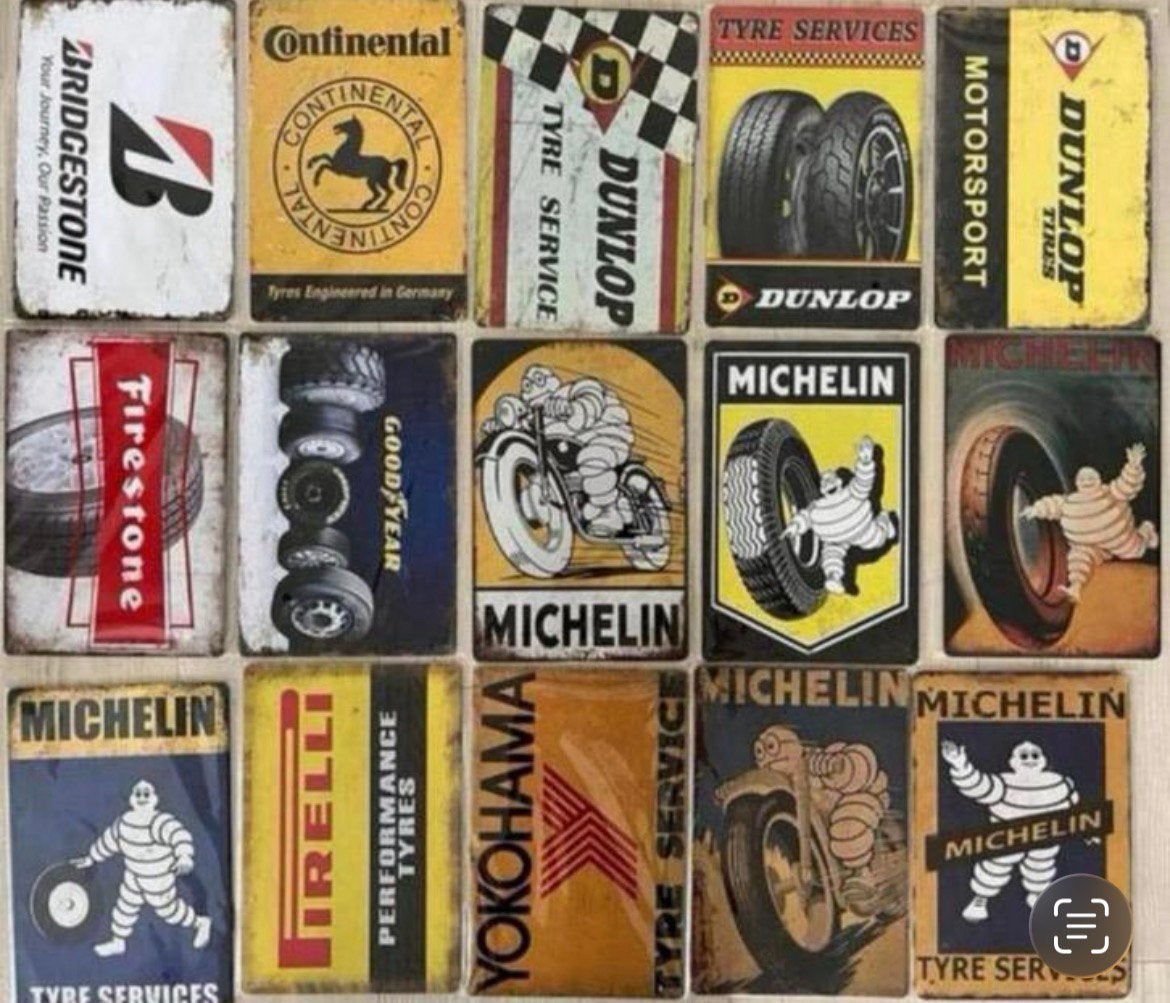 Metalen wandbord banden michelin etc (prijs=p/stuk, (3=€ 21), Ophalen of Verzenden, Zo goed als nieuw, Reclamebord