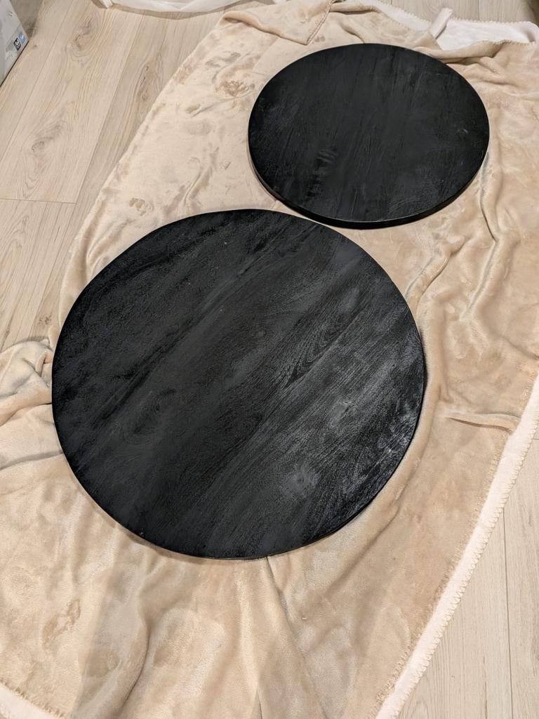 Zwart mangohouten tafelblad & 2 ronde salontafelbladen, Huis en Inrichting, Tafelonderdelen, Gebruikt, Rechthoekig, Overige houtsoorten